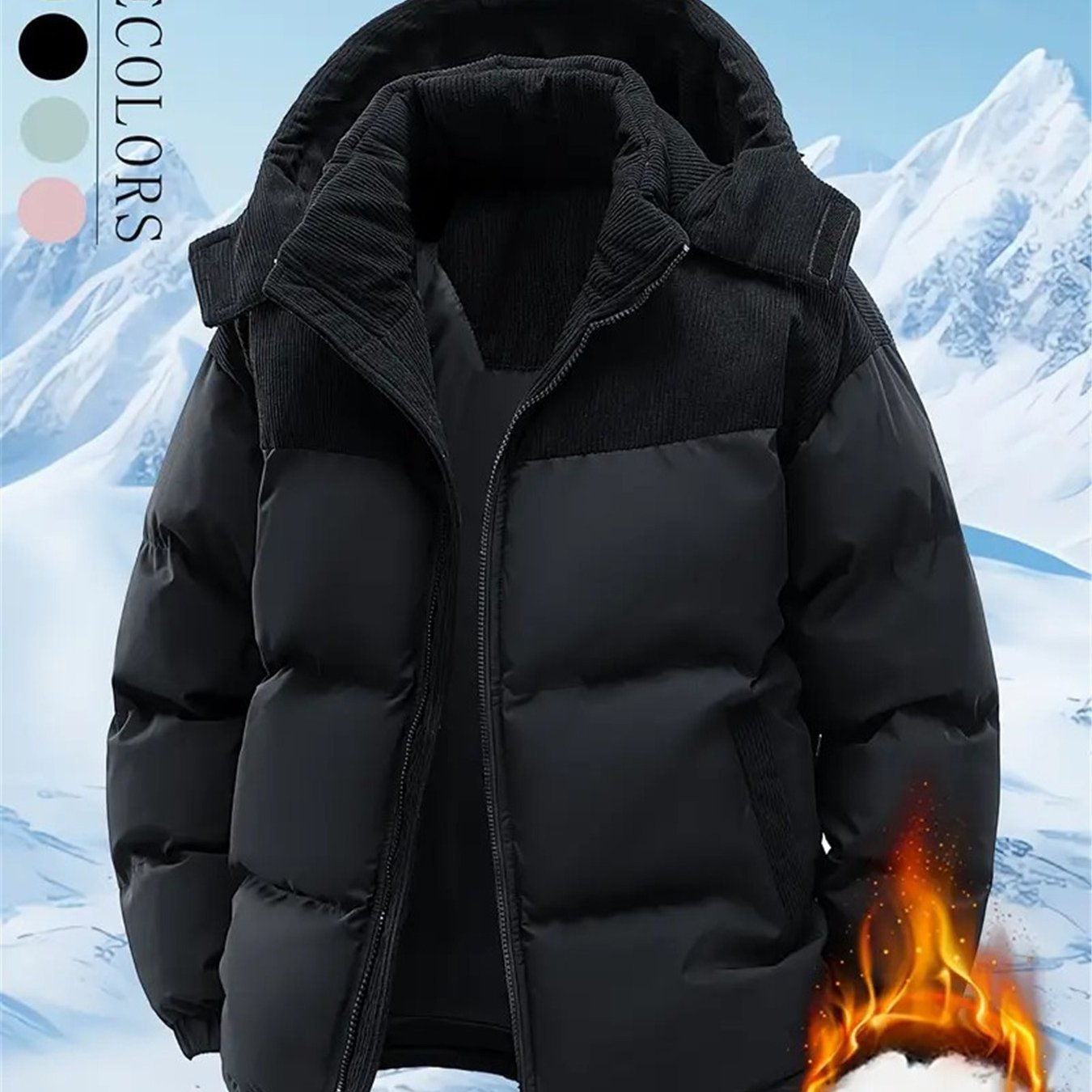 Veste Homme, Vintage Ample Coupe-Vent Chaude, Capuche Amovible, Automne et Hiver, 1 pièce