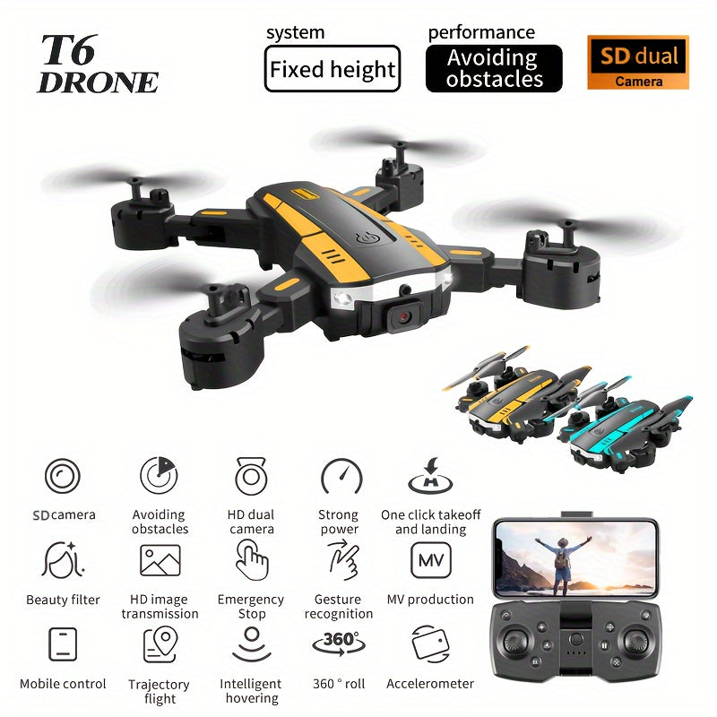 Drone aérien T6 avec caméra double HD, décollage et atterrissage en une touche, évitement d'obstacles intelligent à 540°, reconnaissance gestuelle, maintien de position intelligent, quadcoptère pliable