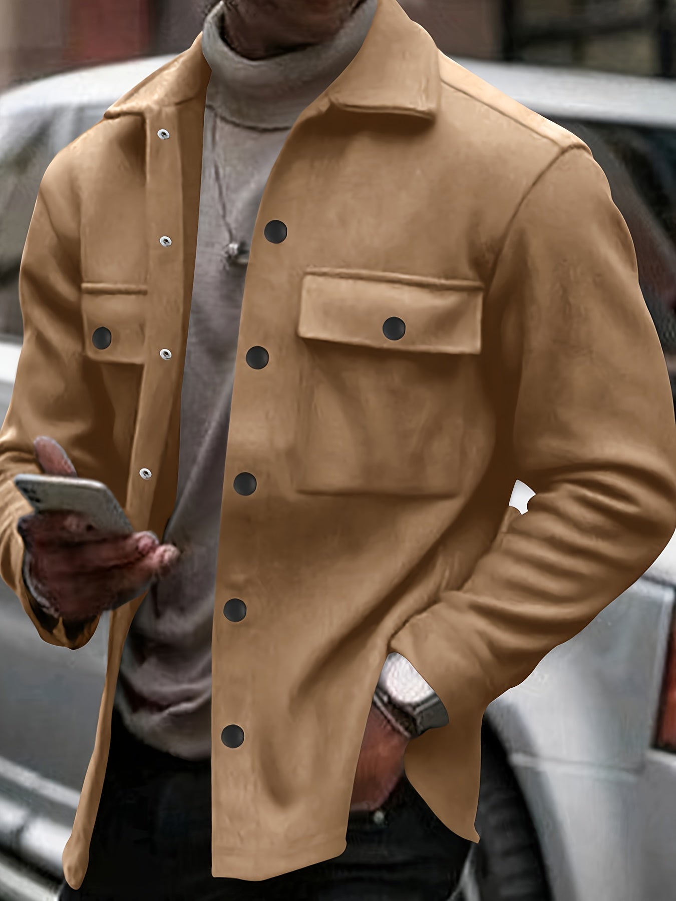 Veste en polaire vintage pour hommes | Chemise décontractée à manches longues avec poches, manteau de style rétro pour l'automne et l'hiver, col boutonné, coupe ample pour superposition ou porter seule, couleur unie, tissu non extensible, col à revers