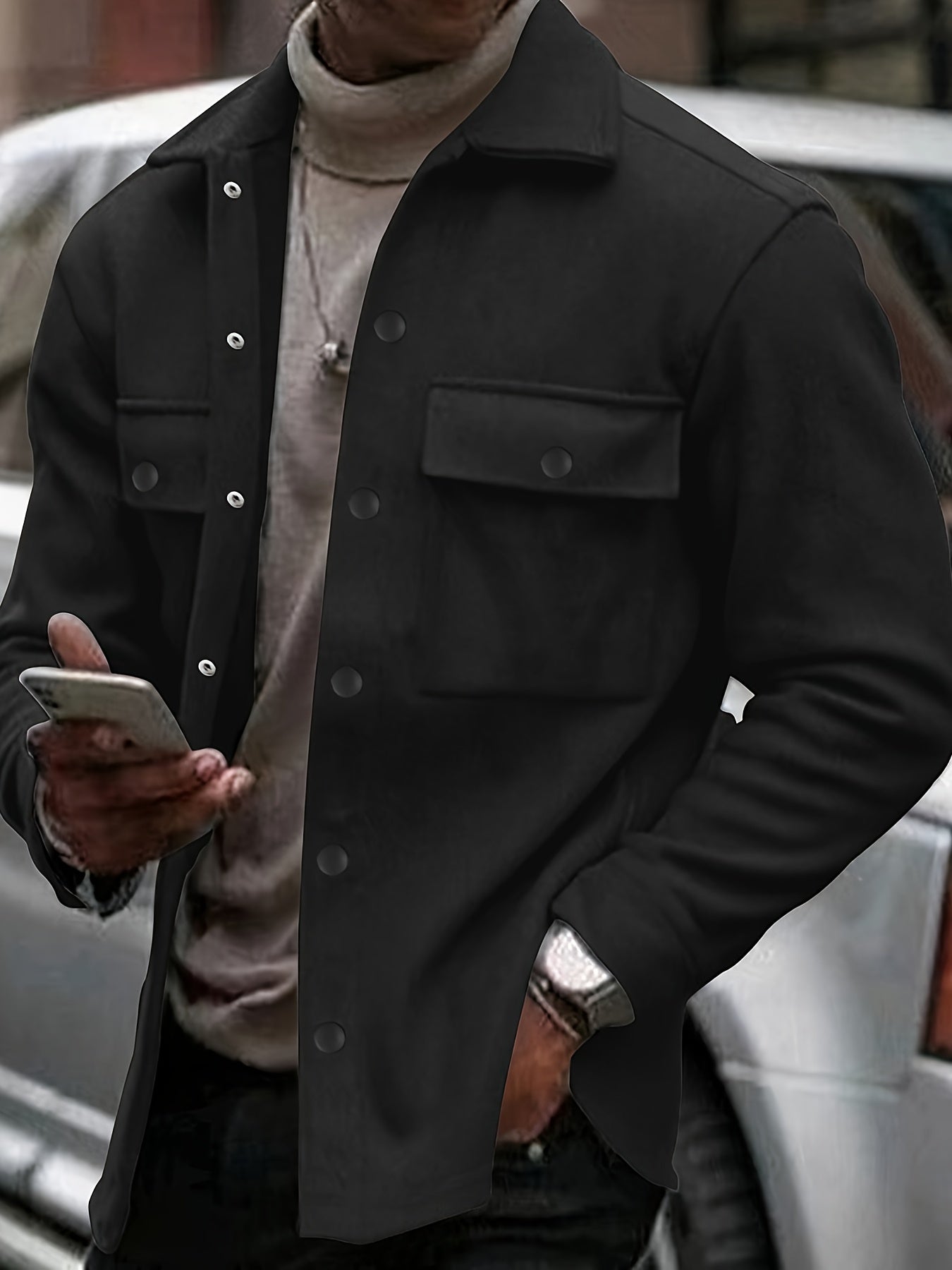 Veste en polaire vintage pour hommes | Chemise décontractée à manches longues avec poches, manteau de style rétro pour l'automne et l'hiver, col boutonné, coupe ample pour superposition ou porter seule, couleur unie, tissu non extensible, col à revers