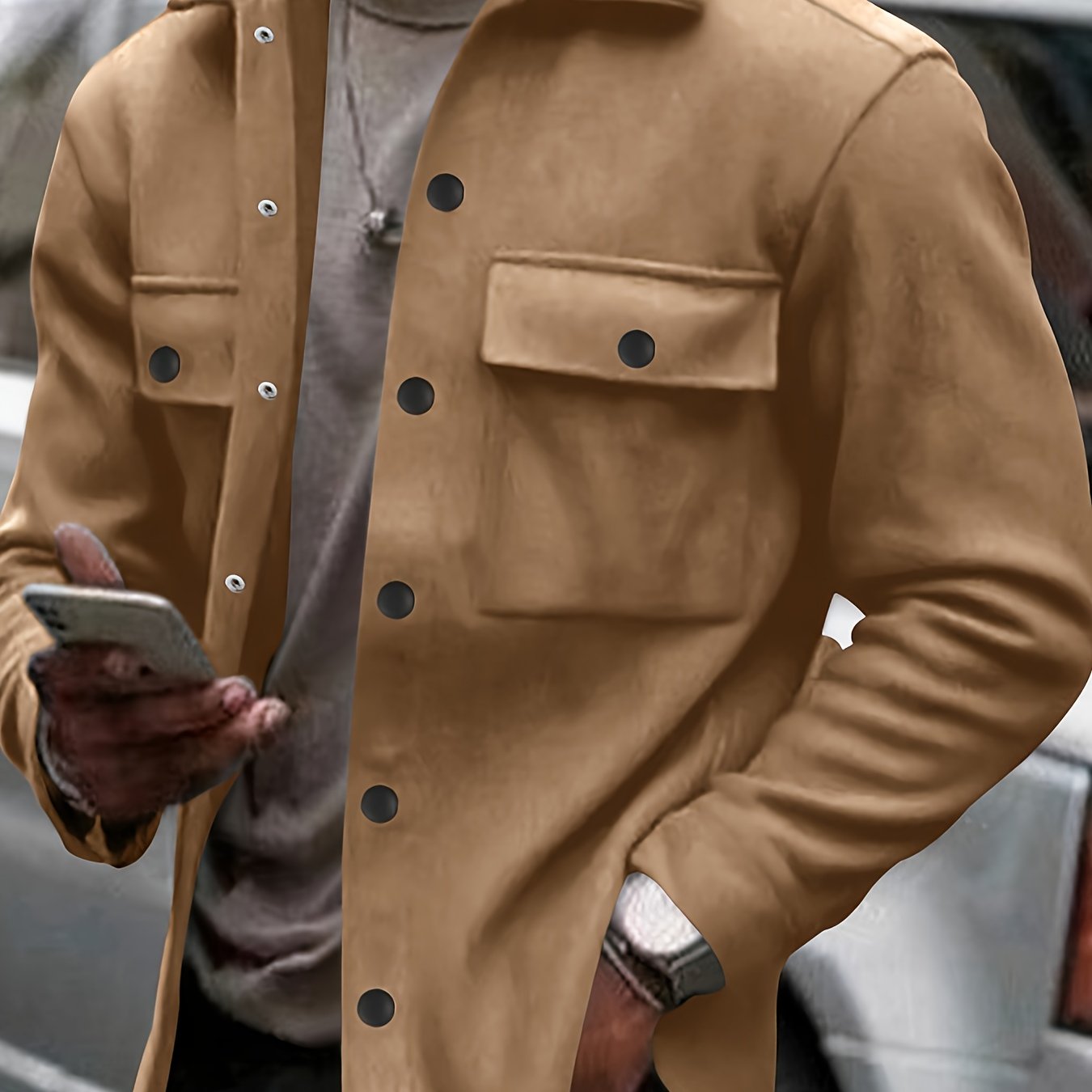 Veste en polaire vintage pour hommes | Chemise décontractée à manches longues avec poches, manteau de style rétro pour l'automne et l'hiver, col boutonné, coupe ample pour superposition ou porter seule, couleur unie, tissu non extensible, col à revers