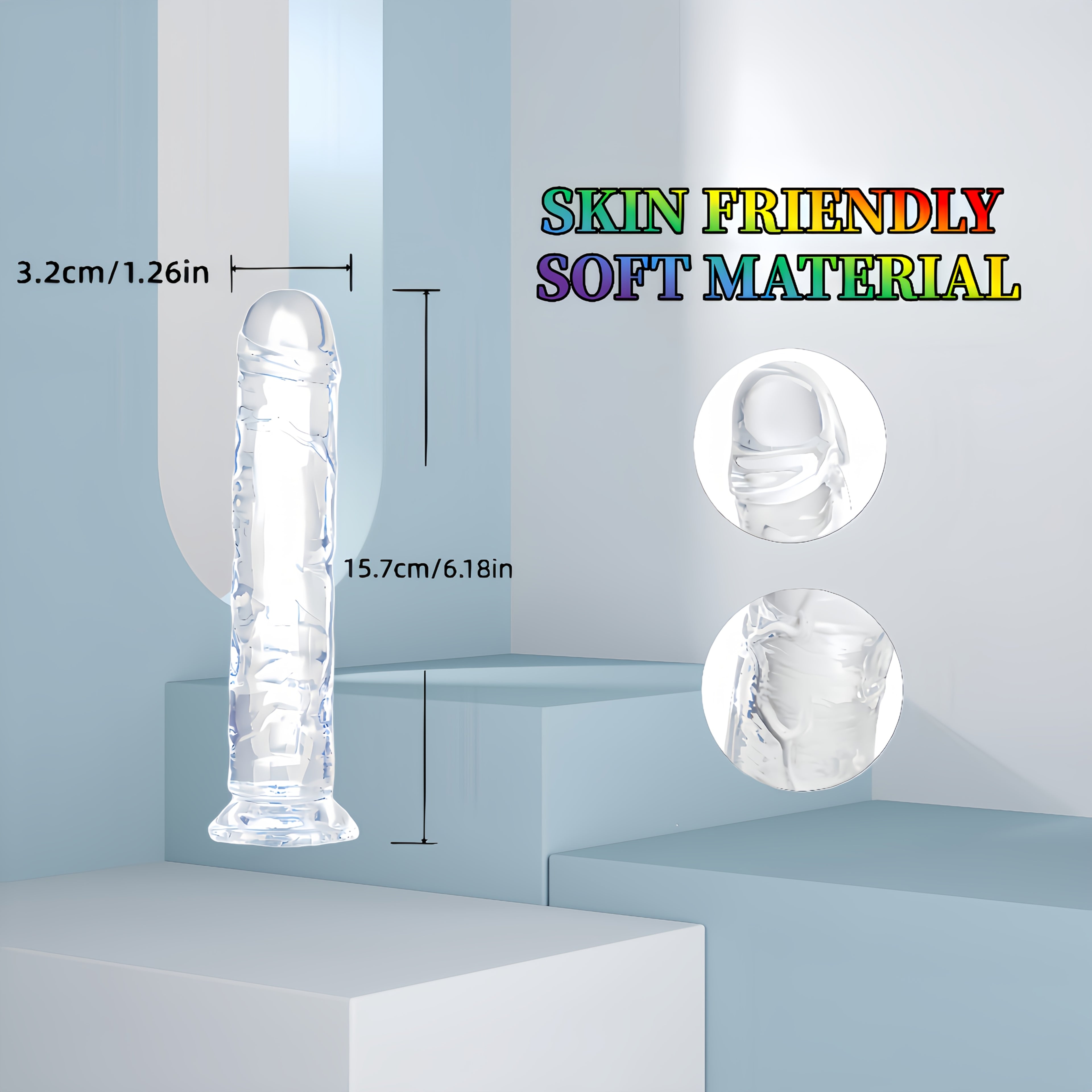 Large SizeTransparent Jelly Realistic Dildo (5 models available) featuring a strong, non-slip suction cup and clear textures for friction, with multi functional use as a G spot masturbator and anal dilator also suitable as an