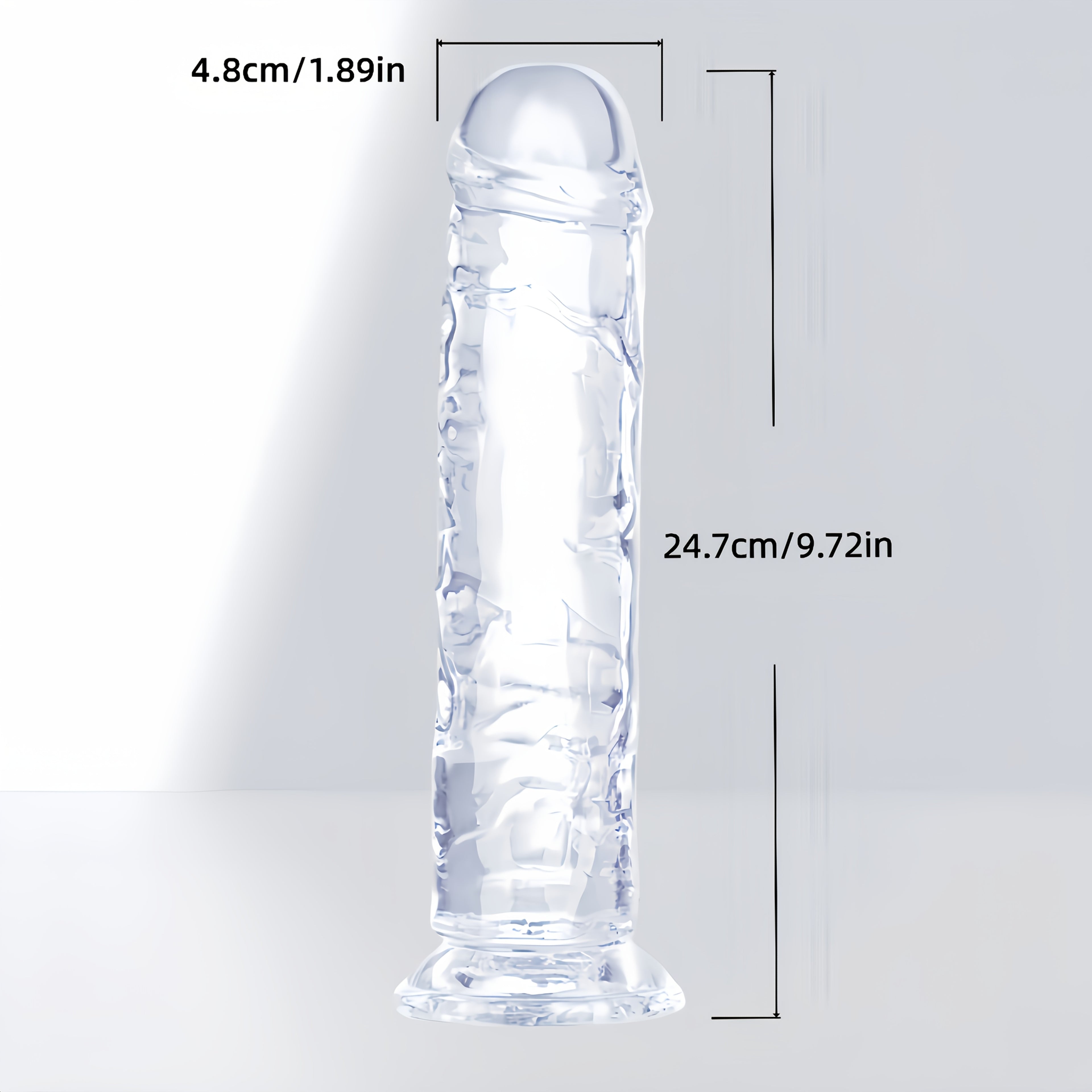 Large SizeTransparent Jelly Realistic Dildo (5 models available) featuring a strong, non-slip suction cup and clear textures for friction, with multi functional use as a G spot masturbator and anal dilator also suitable as an