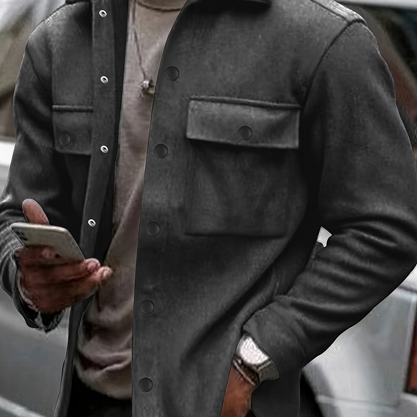 Veste en polaire vintage pour hommes | Chemise décontractée à manches longues avec poches, manteau de style rétro pour l'automne et l'hiver, col boutonné, coupe ample pour superposition ou porter seule, couleur unie, tissu non extensible, col à revers