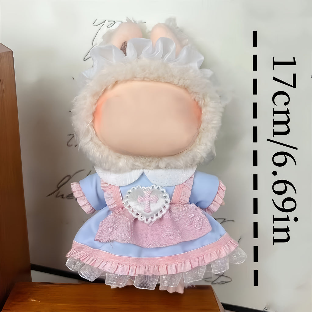 Élégante robe Lolita rose tendre pour poupées de 7 pouces | Tenue de haute qualité avec dentelle, manches à volants et jupe à couches pour LABUBU et autres petites poupées