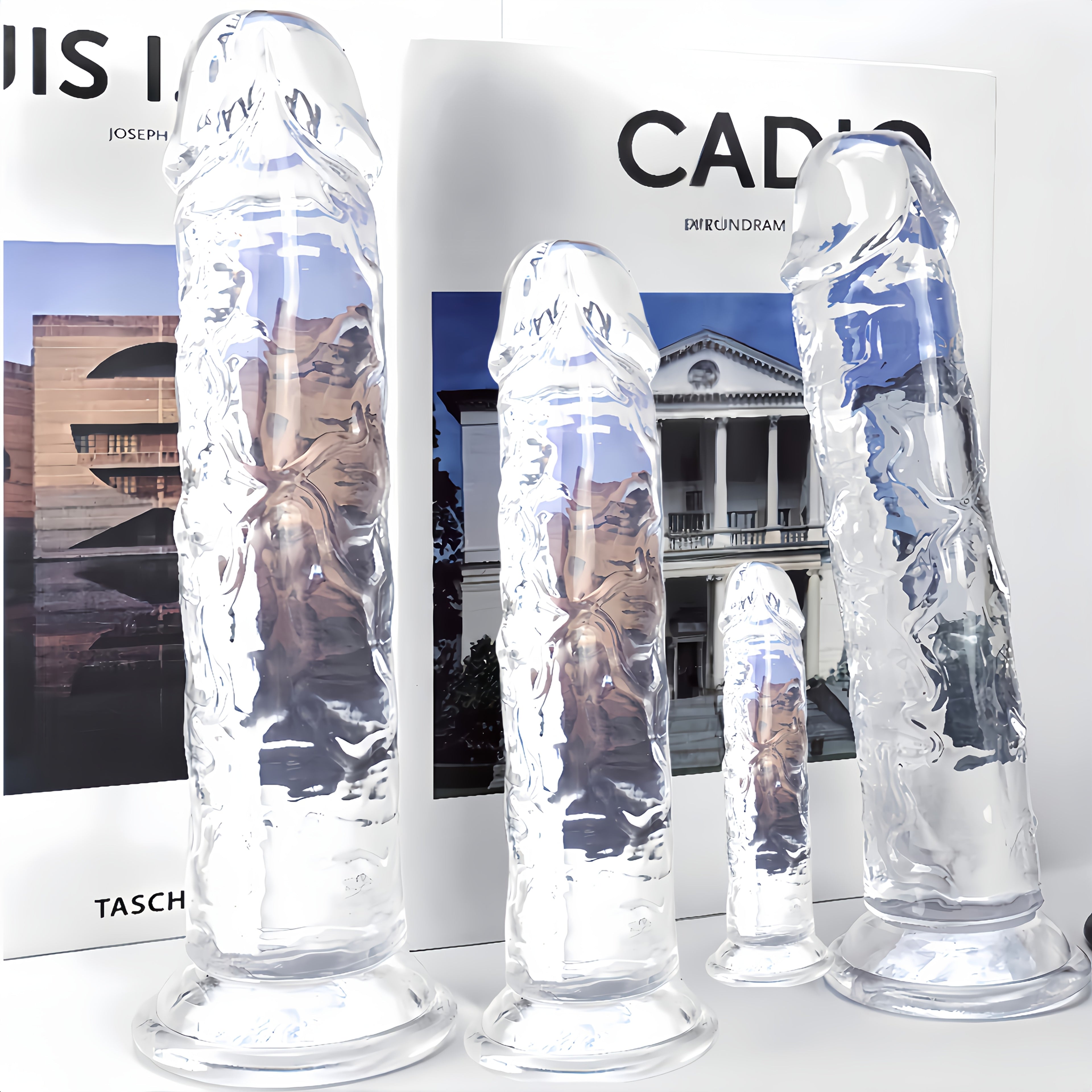 Large SizeTransparent Jelly Realistic Dildo (5 models available) featuring a strong, non-slip suction cup and clear textures for friction, with multi functional use as a G spot masturbator and anal dilator also suitable as an