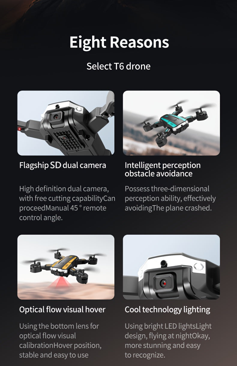 Drone aérien T6 avec caméra double HD, décollage et atterrissage en une touche, évitement d'obstacles intelligent à 540°, reconnaissance gestuelle, maintien de position intelligent, quadcoptère pliable
