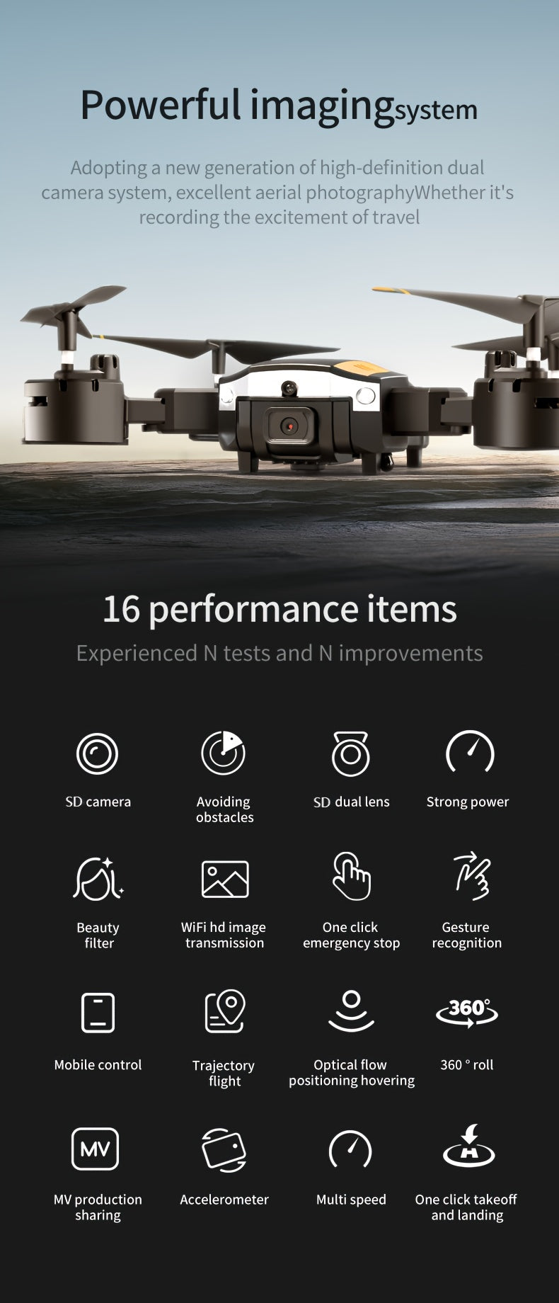 Drone aérien T6 avec caméra double HD, décollage et atterrissage en une touche, évitement d'obstacles intelligent à 540°, reconnaissance gestuelle, maintien de position intelligent, quadcoptère pliable