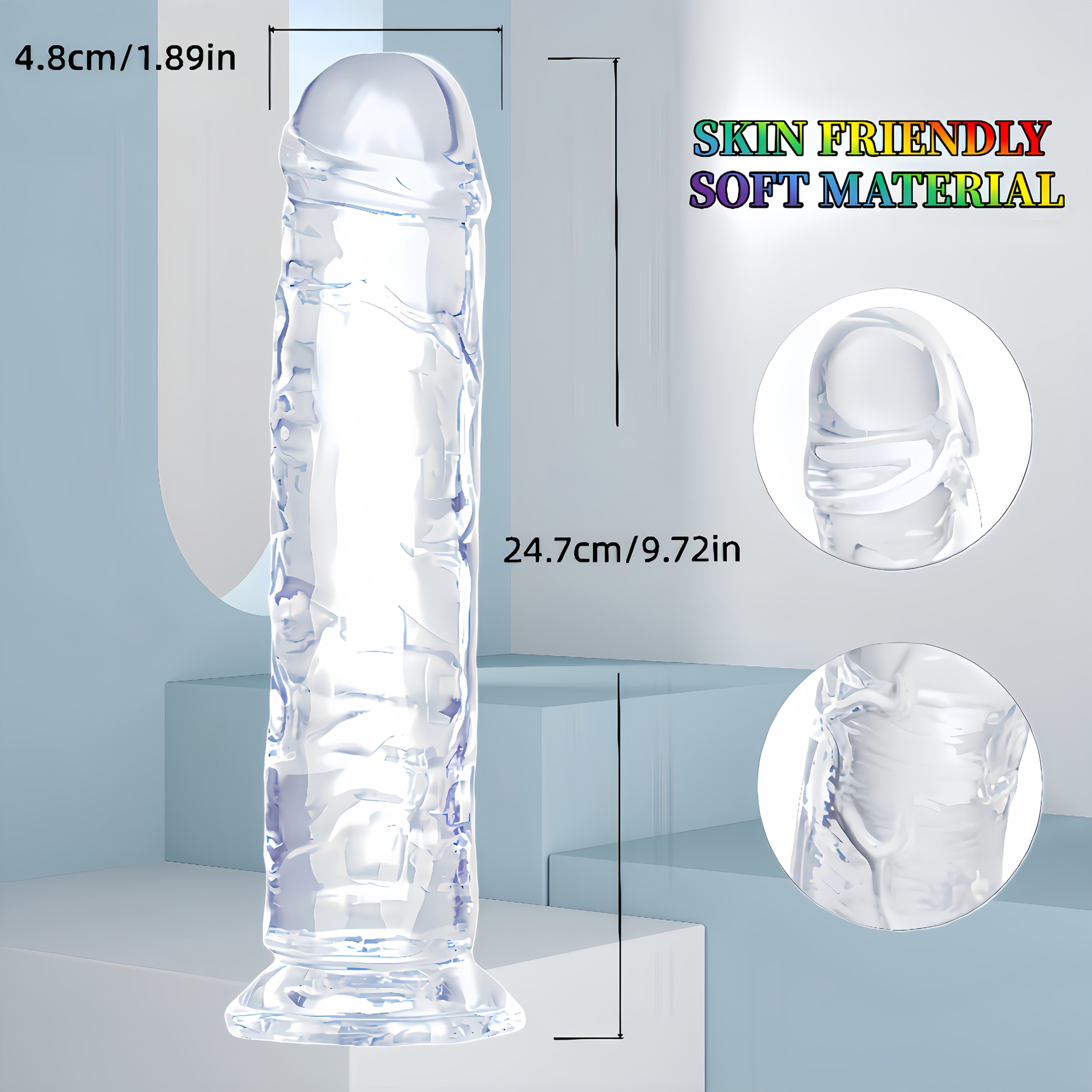 Large SizeTransparent Jelly Realistic Dildo (5 models available) featuring a strong, non-slip suction cup and clear textures for friction, with multi functional use as a G spot masturbator and anal dilator also suitable as an