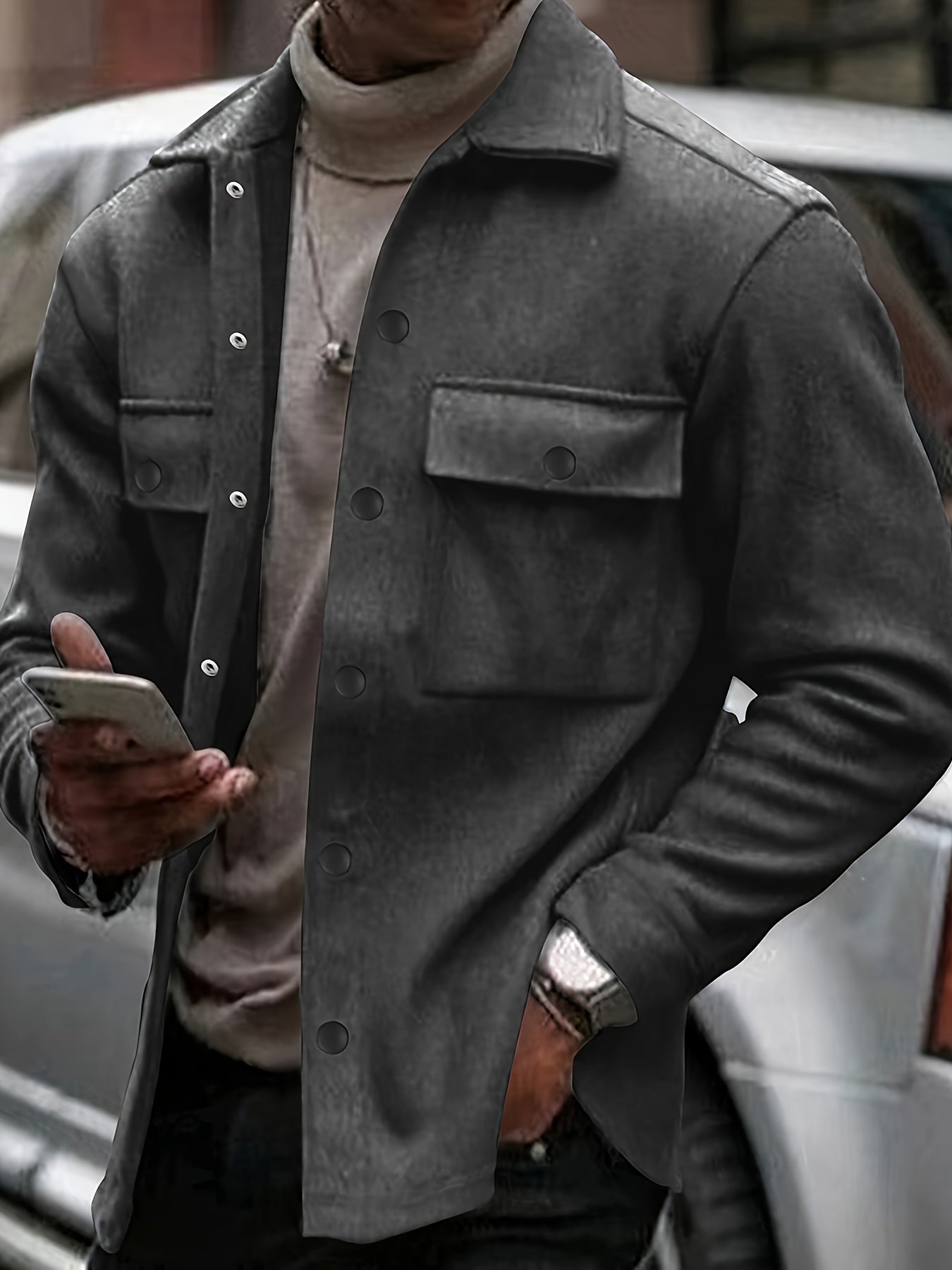 Veste en polaire vintage pour hommes | Chemise décontractée à manches longues avec poches, manteau de style rétro pour l'automne et l'hiver, col boutonné, coupe ample pour superposition ou porter seule, couleur unie, tissu non extensible, col à revers