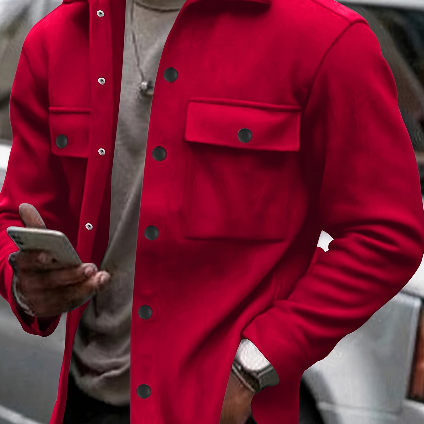 Veste en polaire vintage pour hommes | Chemise décontractée à manches longues avec poches, manteau de style rétro pour l'automne et l'hiver, col boutonné, coupe ample pour superposition ou porter seule, couleur unie, tissu non extensible, col à revers