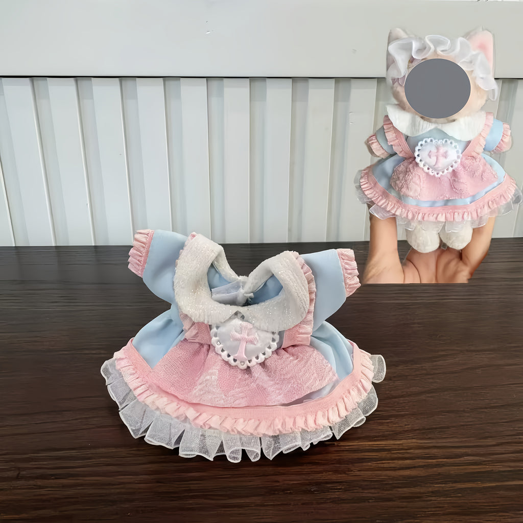 Élégante robe Lolita rose tendre pour poupées de 7 pouces | Tenue de haute qualité avec dentelle, manches à volants et jupe à couches pour LABUBU et autres petites poupées