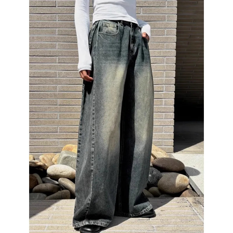 Boutique Vente en Gros 2024 Automne Jeans Femme Taille Haute Personnalisé Design Polyvalent Pantalon Large