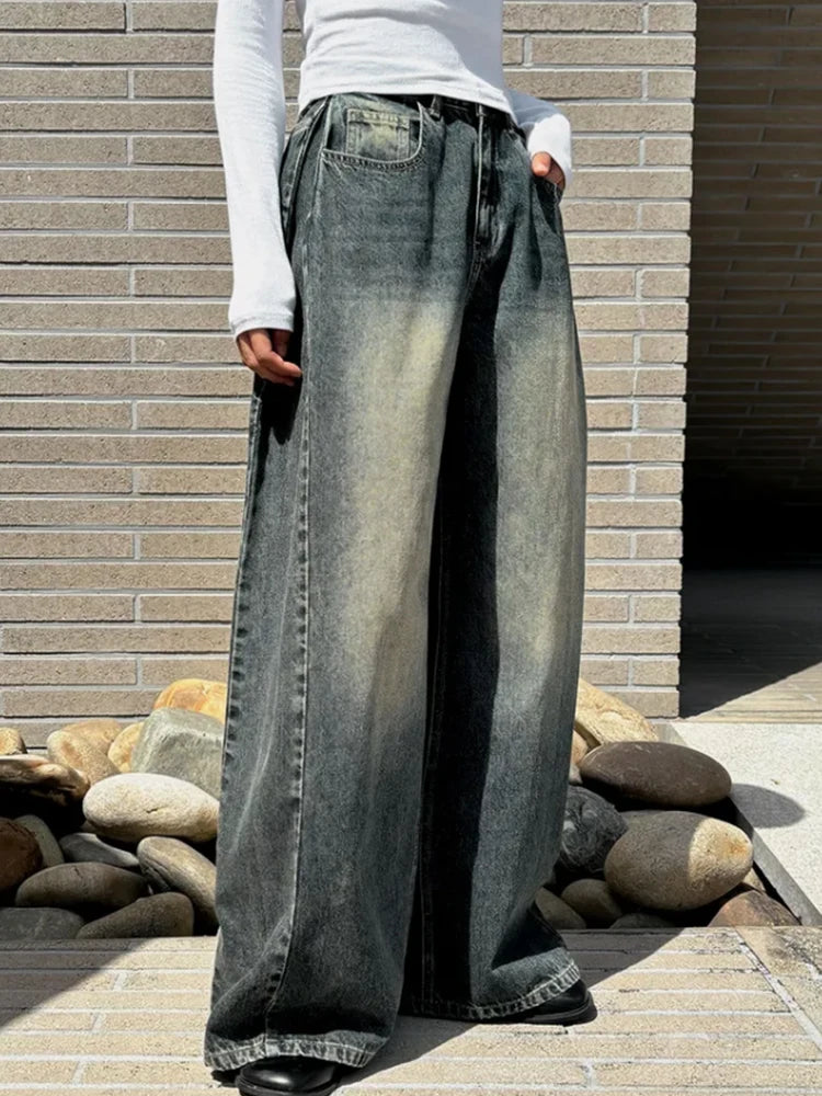 Boutique Vente en Gros 2024 Automne Jeans Femme Taille Haute Personnalisé Design Polyvalent Pantalon Large