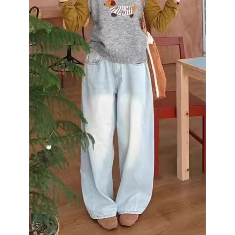 Boutique Vente en Gros 2024 Automne Jeans Femme Taille Haute Personnalisé Design Polyvalent Pantalon Large