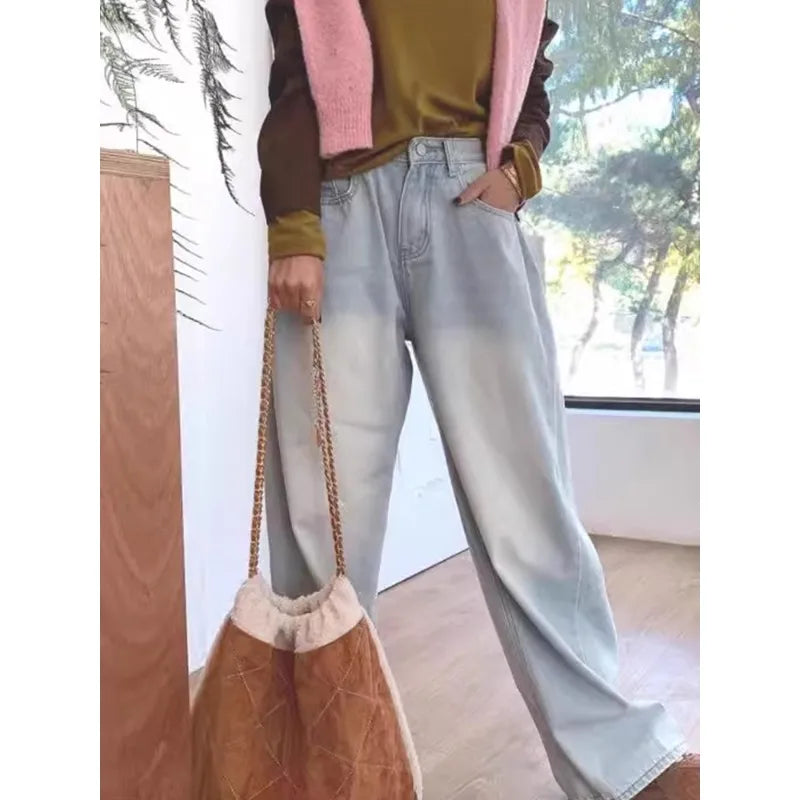 Boutique Vente en Gros 2024 Automne Jeans Femme Taille Haute Personnalisé Design Polyvalent Pantalon Large