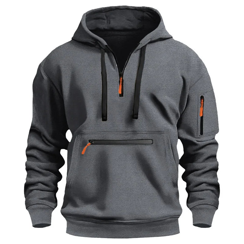 Sweat à capuche de sport décontracté pour hommes, mode printemps et automne, poche sur le bras, corde à tirer, couleur unie, chemisier ample à manches longues, pull