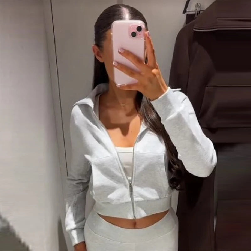 Casual Stylish Women 2 piéces Set Lapel Short Zipper