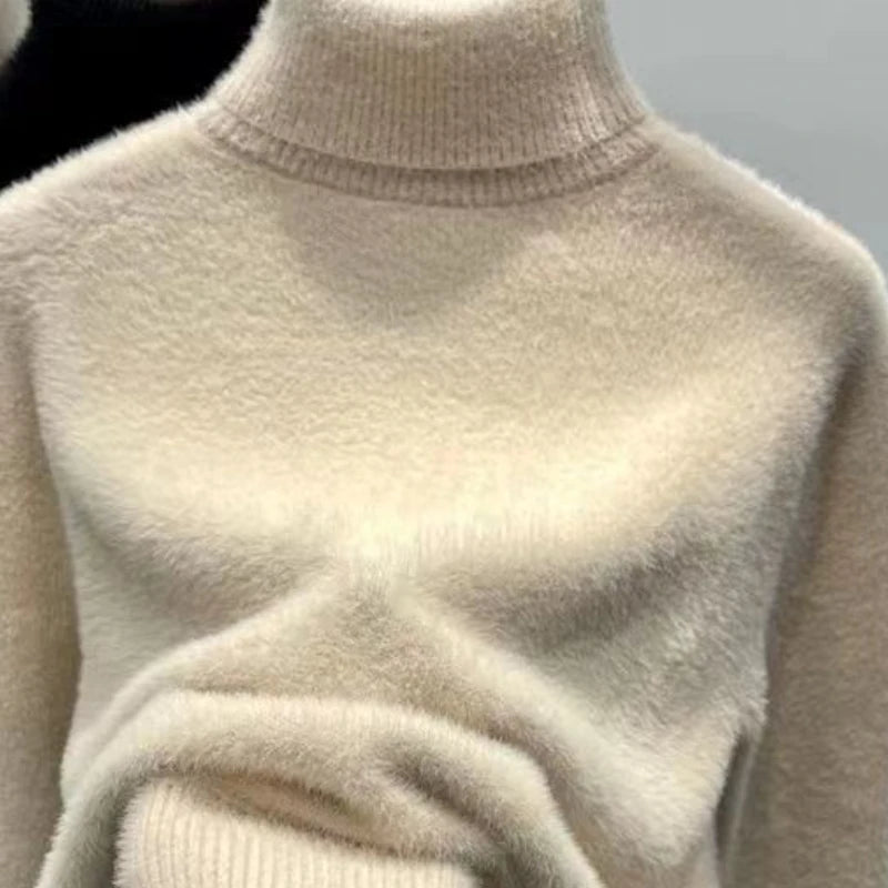 Pull à col roulé pour femme, haut en Faux vison, peluche solide, épais, chaud, chemises à bascule, tricot de base, pulls thermiques