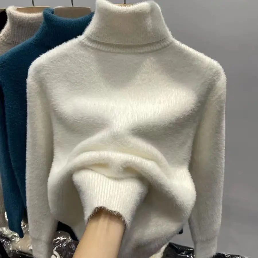 Pull à col roulé pour femme, haut en Faux vison, peluche solide, épais, chaud, chemises à bascule, tricot de base, pulls thermiques