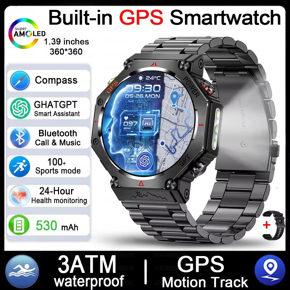 2025 pour HUAIWE militaire extérieur GPS sport montre intelligente hommes 1.39 "5ATM étanche 530mAh ChatGPT AI Assistant boussole Smartwatch