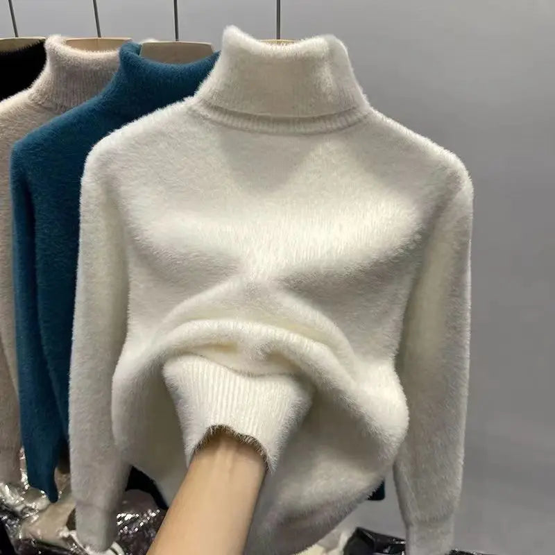 Pull à col roulé pour femme, haut en Faux vison, peluche solide, épais, chaud, chemises à bascule, tricot de base, pulls thermiques