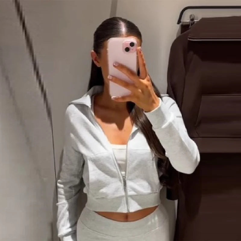 Casual Stylish Women 2 piéces Set Lapel Short Zipper