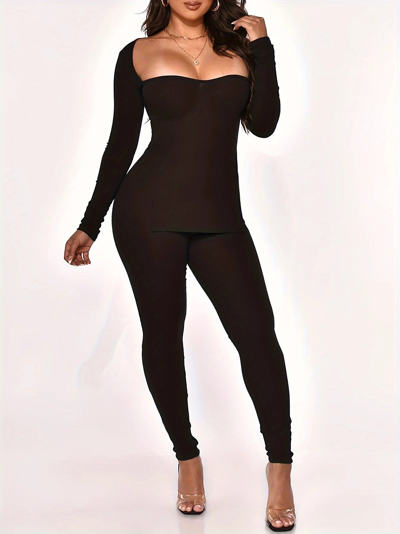 2026 womens ribbed clothing sexy two piece pants set women long sleeve high slit blouse with pit strip tights leggings for women