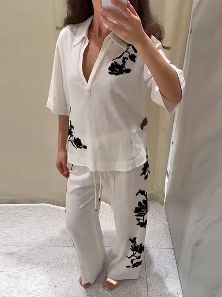 Tied Casual Pants 2 Pieces Sets For Women Sequin Embroidery Top High Waist Trousers Women's Suit 2025 Two Pieces Woman Outfits ﻿