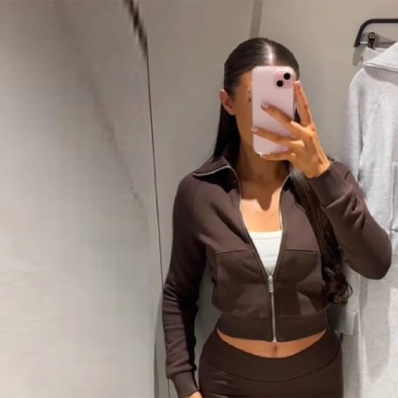 Casual Stylish Women 2 piéces Set Lapel Short Zipper