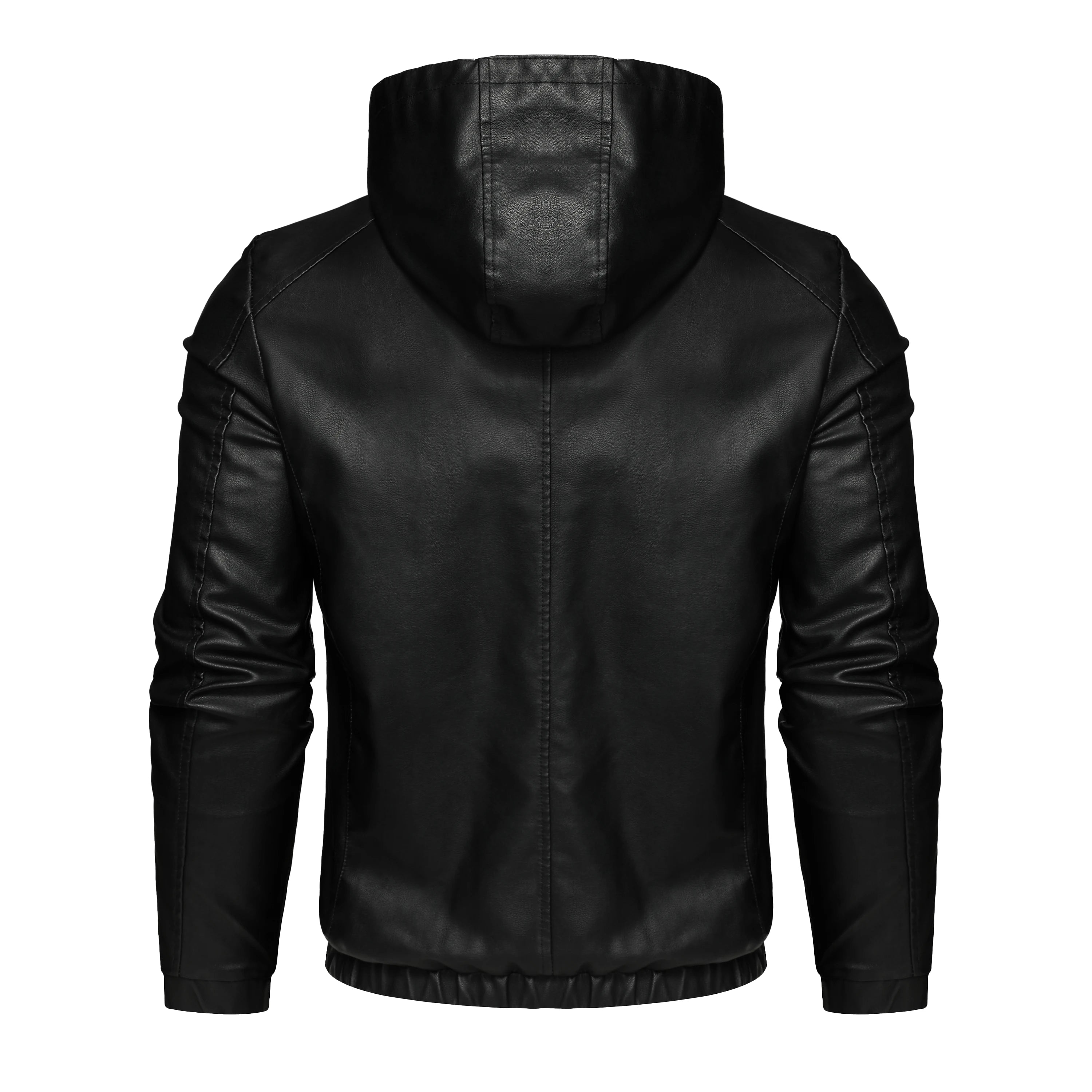 Veste de motard noire décontractée pour hommes, cuir PU à capuche