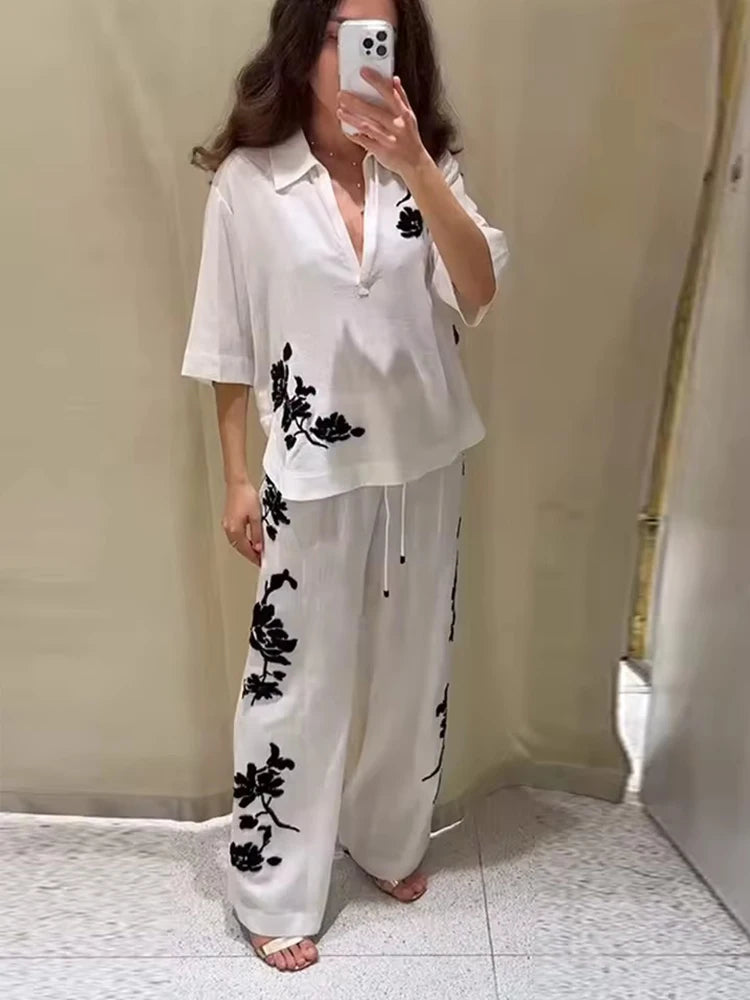 Tied Casual Pants 2 Pieces Sets For Women Sequin Embroidery Top High Waist Trousers Women's Suit 2025 Two Pieces Woman Outfits ﻿