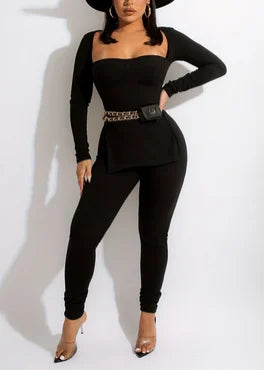 2026 womens ribbed clothing sexy two piece pants set women long sleeve high slit blouse with pit strip tights leggings for women