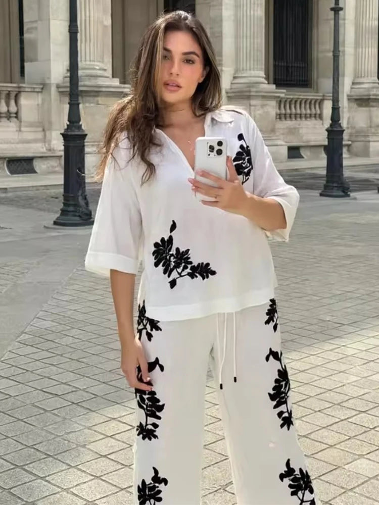 Tied Casual Pants 2 Pieces Sets For Women Sequin Embroidery Top High Waist Trousers Women's Suit 2025 Two Pieces Woman Outfits ﻿