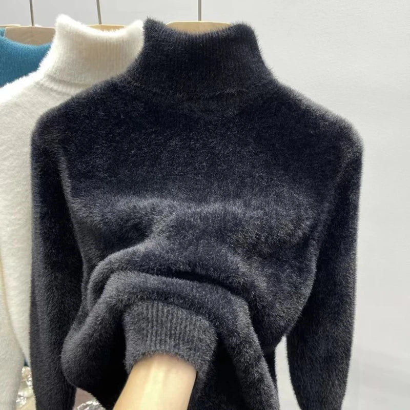 Pull à col roulé pour femme, haut en Faux vison, peluche solide, épais, chaud, chemises à bascule, tricot de base, pulls thermiques