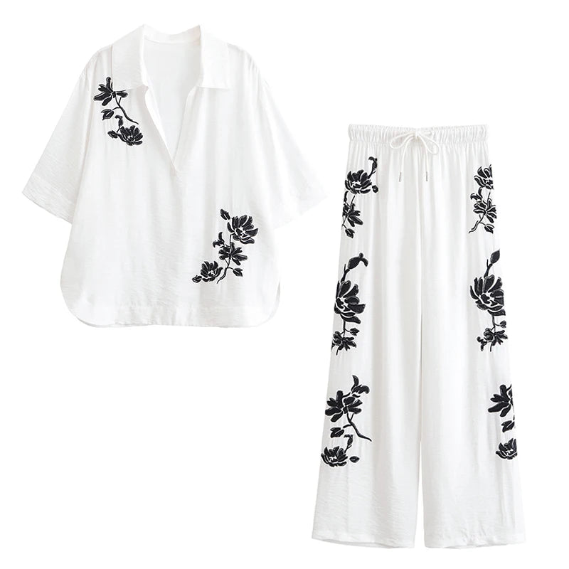 Tied Casual Pants 2 Pieces Sets For Women Sequin Embroidery Top High Waist Trousers Women's Suit 2025 Two Pieces Woman Outfits ﻿