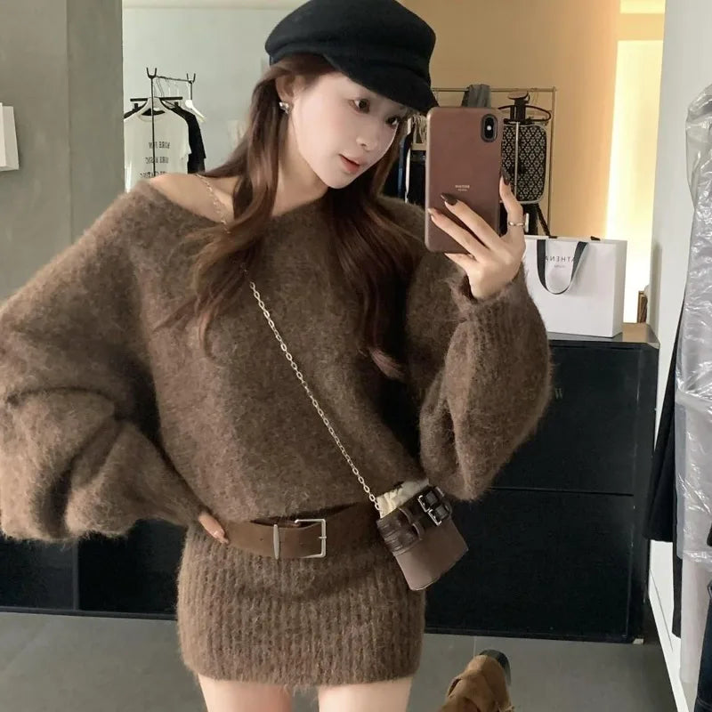 Femmes tricot pull pull manches chauve-souris Sexy longs tricots hanche jupe pull avec ceintures Vintage automne hiver tricoté pulls