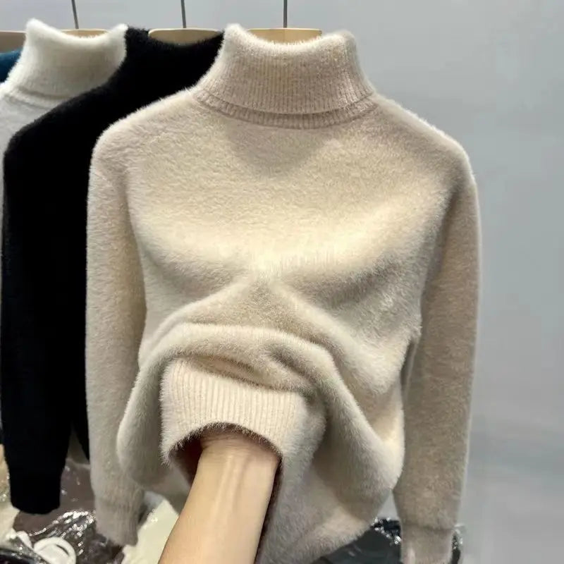 Pull à col roulé pour femme, haut en Faux vison, peluche solide, épais, chaud, chemises à bascule, tricot de base, pulls thermiques
