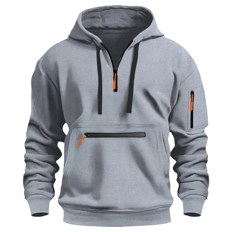 Sweat à capuche de sport décontracté pour hommes, mode printemps et automne, poche sur le bras, corde à tirer, couleur unie, chemisier ample à manches longues, pull