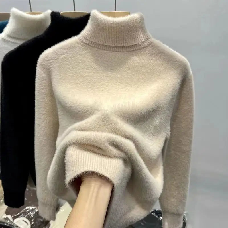 Pull à col roulé pour femme, haut en Faux vison, peluche solide, épais, chaud, chemises à bascule, tricot de base, pulls thermiques