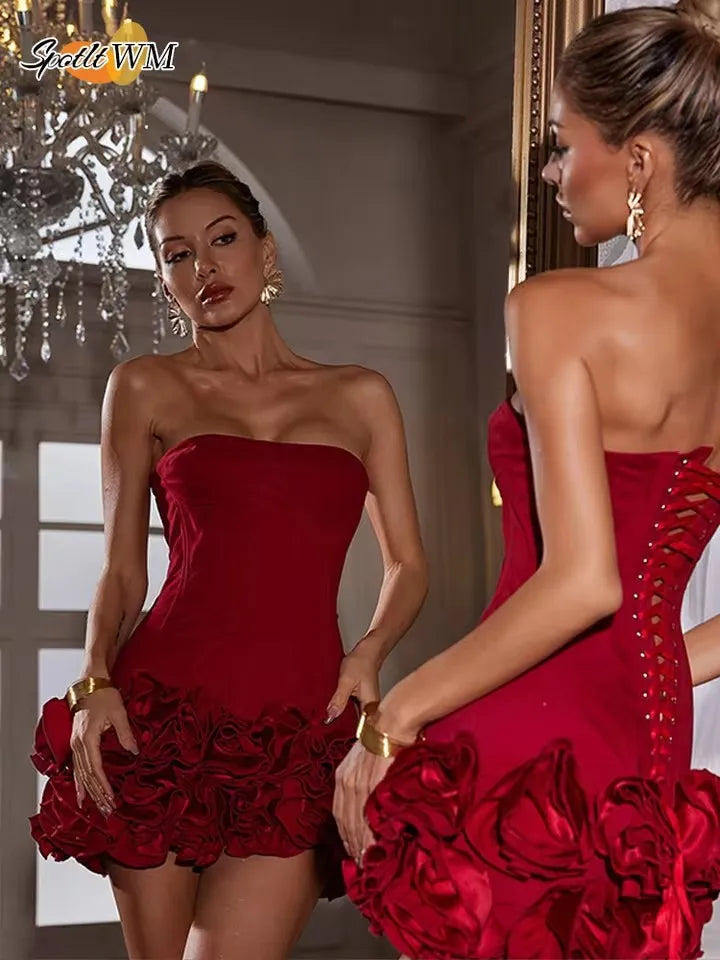 Women Sexy Red 3D Flowers