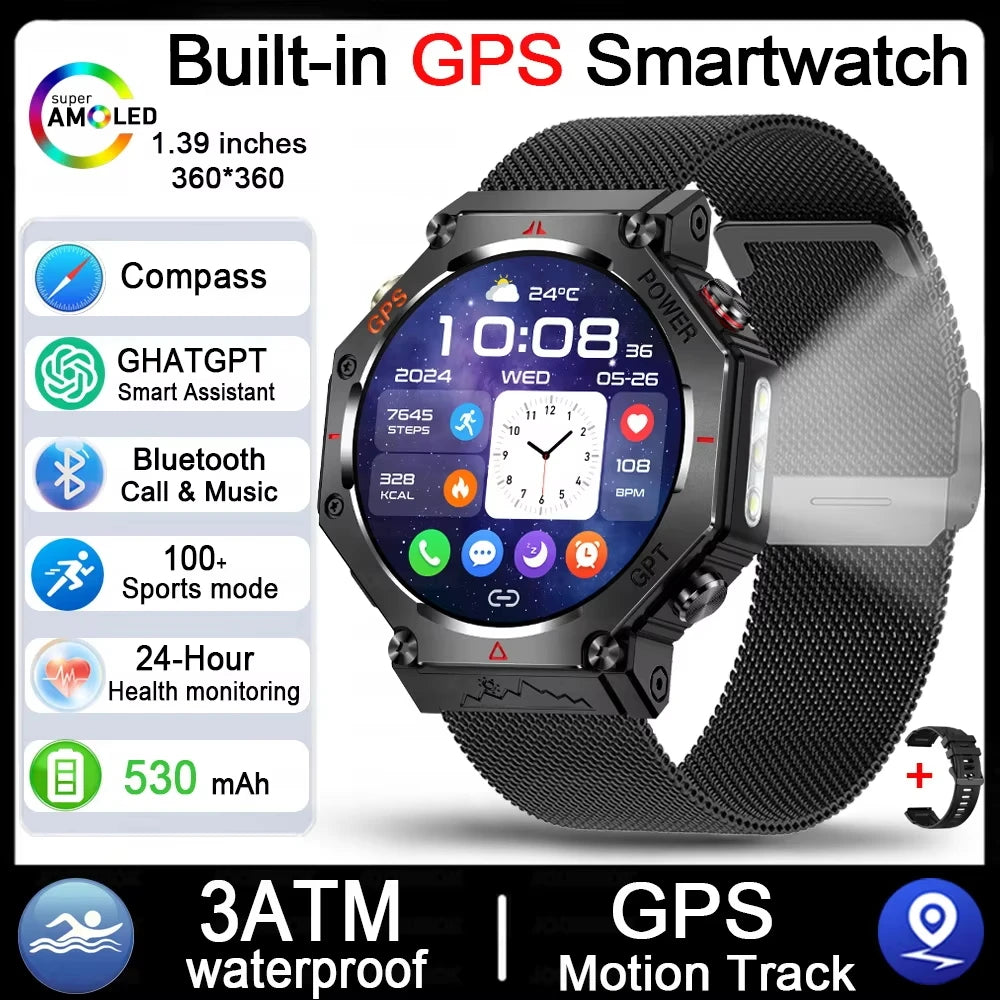 2025 pour HUAIWE militaire extérieur GPS sport montre intelligente hommes 1.39 "5ATM étanche 530mAh ChatGPT AI Assistant boussole Smartwatch