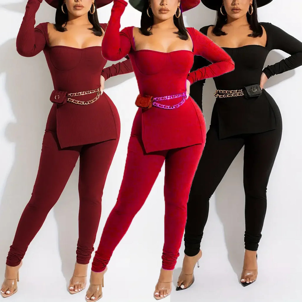 2026 womens ribbed clothing sexy two piece pants set women long sleeve high slit blouse with pit strip tights leggings for women