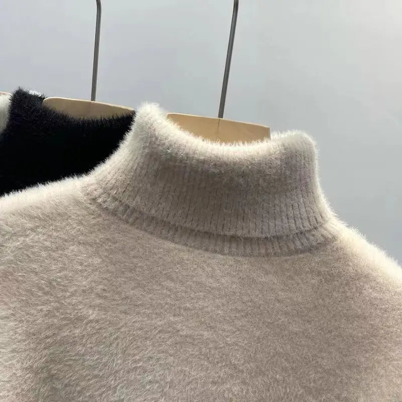 Pull à col roulé pour femme, haut en Faux vison, peluche solide, épais, chaud, chemises à bascule, tricot de base, pulls thermiques