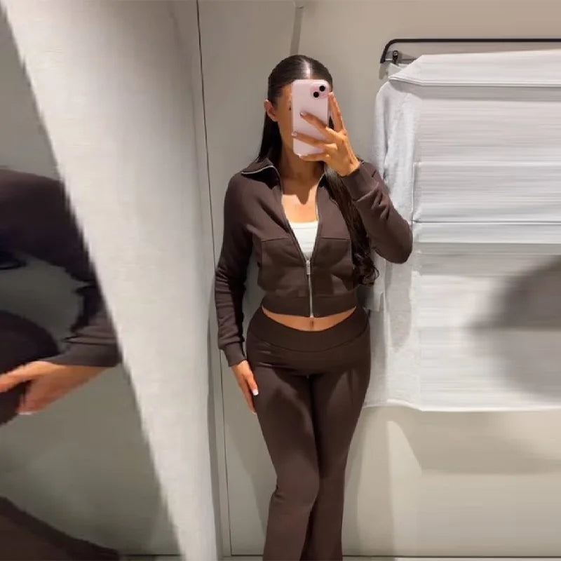 Casual Stylish Women 2 piéces Set Lapel Short Zipper