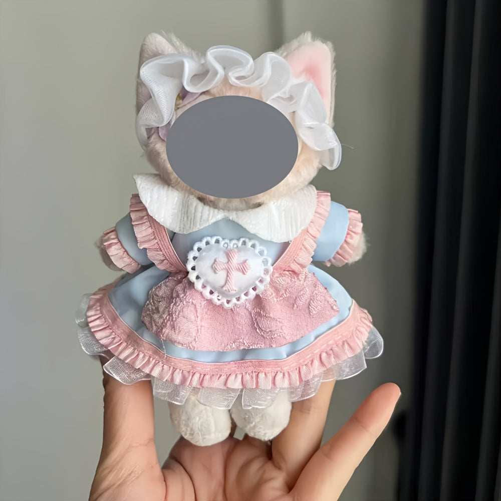 Élégante robe Lolita rose tendre pour poupées de 7 pouces | Tenue de haute qualité avec dentelle, manches à volants et jupe à couches pour LABUBU et autres petites poupées