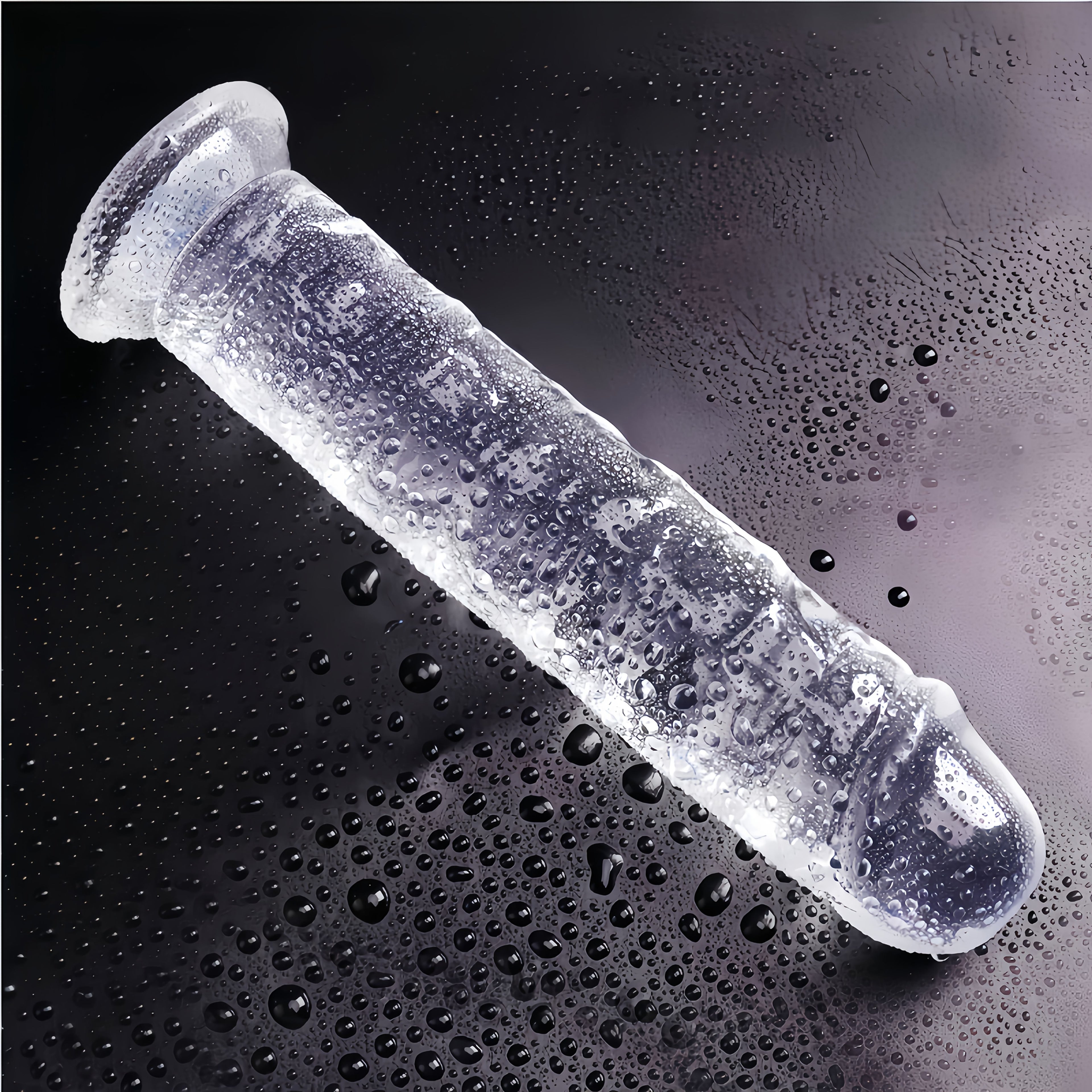 Large SizeTransparent Jelly Realistic Dildo (5 models available) featuring a strong, non-slip suction cup and clear textures for friction, with multi functional use as a G spot masturbator and anal dilator also suitable as an