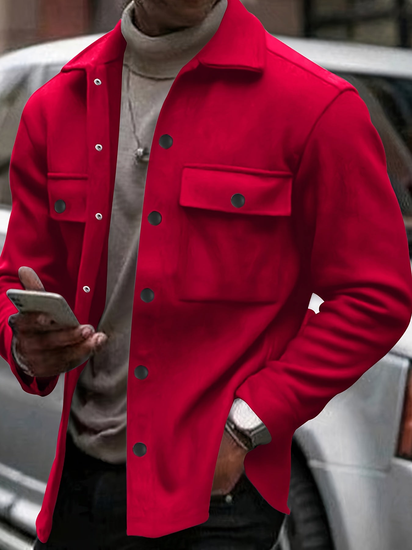 Veste en polaire vintage pour hommes | Chemise décontractée à manches longues avec poches, manteau de style rétro pour l'automne et l'hiver, col boutonné, coupe ample pour superposition ou porter seule, couleur unie, tissu non extensible, col à revers