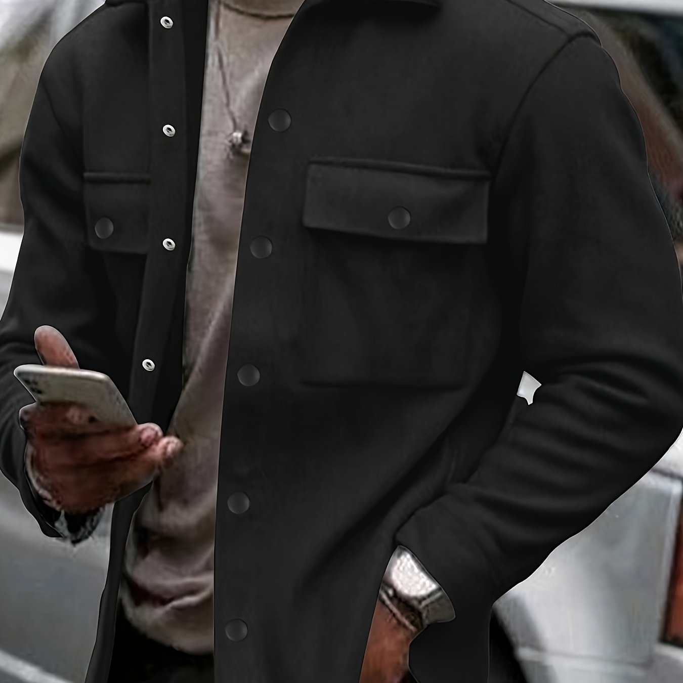 Veste en polaire vintage pour hommes | Chemise décontractée à manches longues avec poches, manteau de style rétro pour l'automne et l'hiver, col boutonné, coupe ample pour superposition ou porter seule, couleur unie, tissu non extensible, col à revers